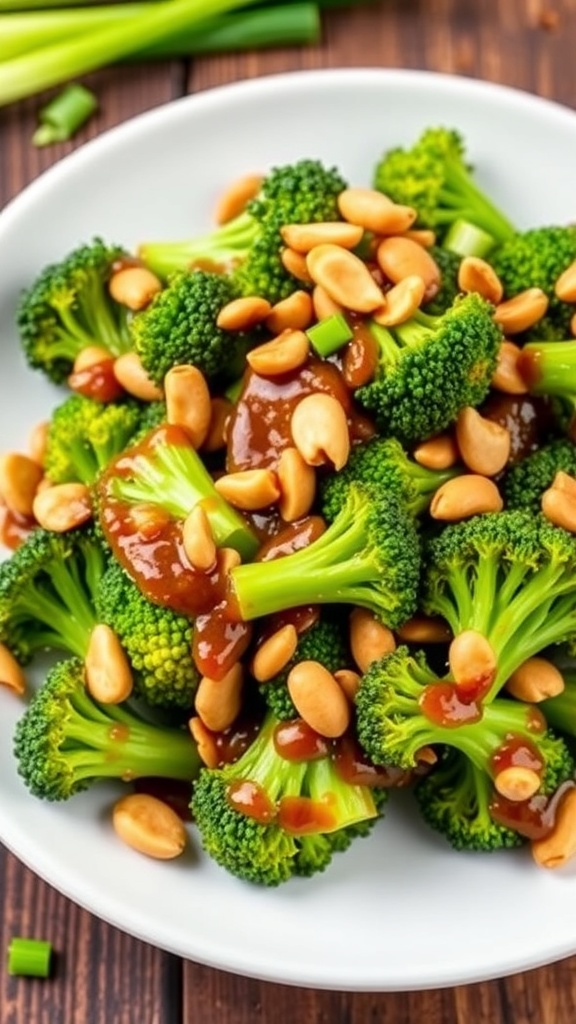 Air Fryer Kung Pao Broccoli Recipe Air Fryer Kung Pao Broccoli with peanuts and green onions on a rustic table.
